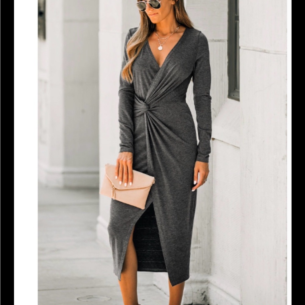 Cupshe Gray Long-Sleeve Twist Front Midi Wrap Dress